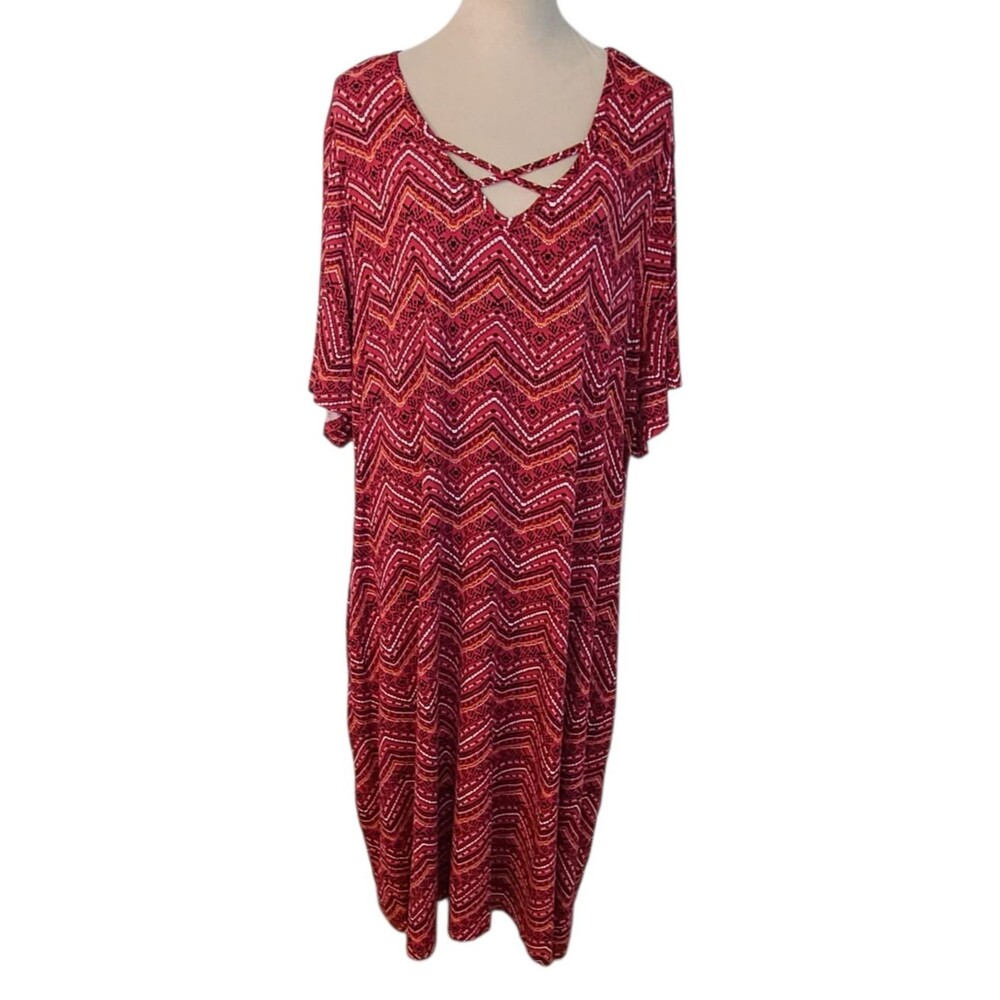 Catherines Womens 3X Midi Shift Dress Multicolor Chevron Print Pockets Stretch